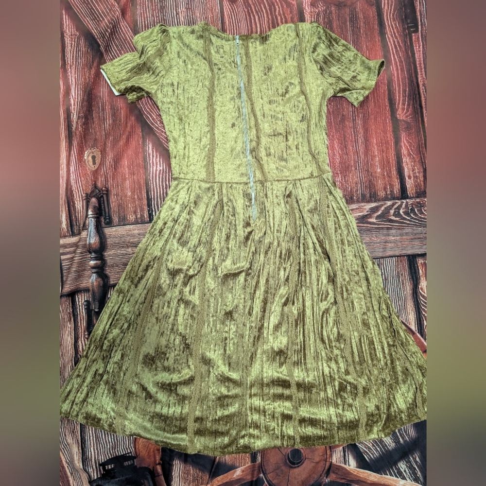 NWT Gorgeous Green Gold Fit And Flare Velvet Dress - Picture 2 of 7
